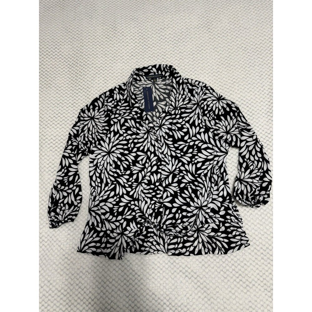ADRIENNE VITTADINI Women’s Blouse Size L Black White Floral Button 3/4 Sleeve